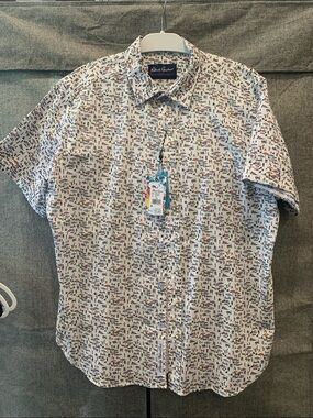 Robert Graham White Short-Sleeve Button-Up Shirt with Multicolor Print 2XL NWT
